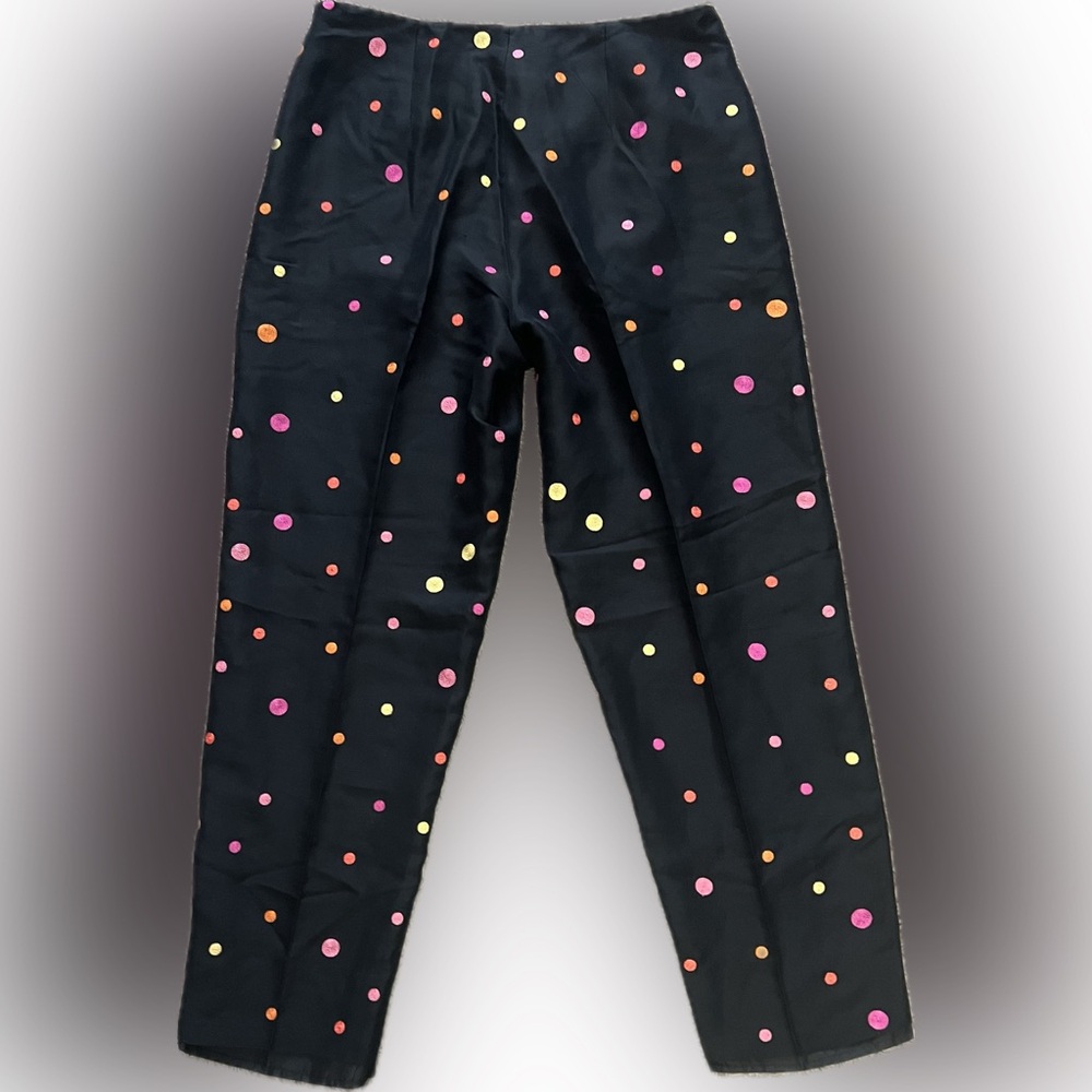 VINTAGE 100% Silk Multicolor Polka Dot Black Pants By S.L.B. Size 8. - Picture 12 of 14